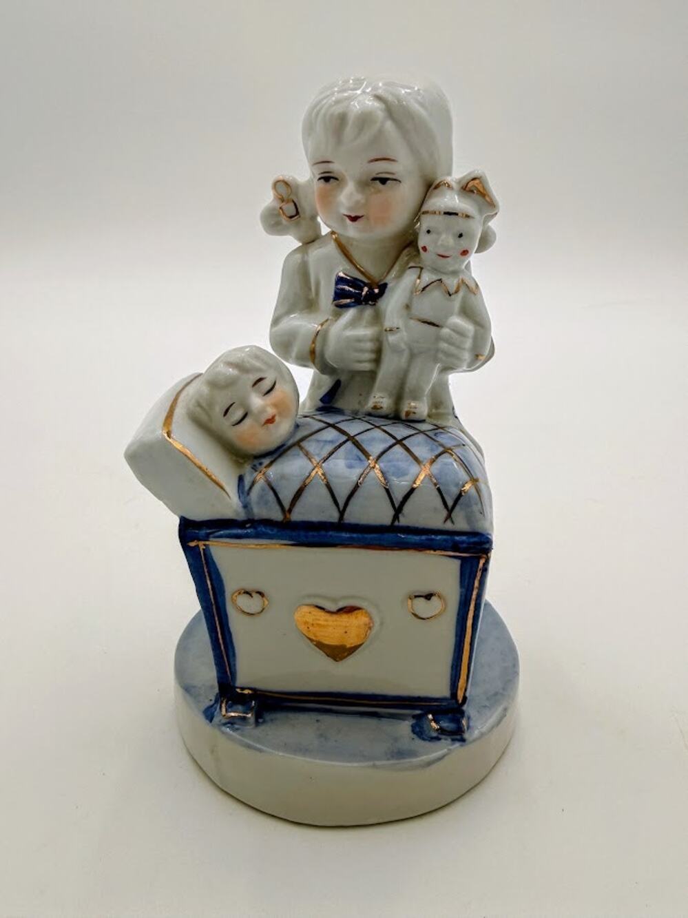 Vintage Blue & White Porcelain Figurine Set – Woman & Child Scene